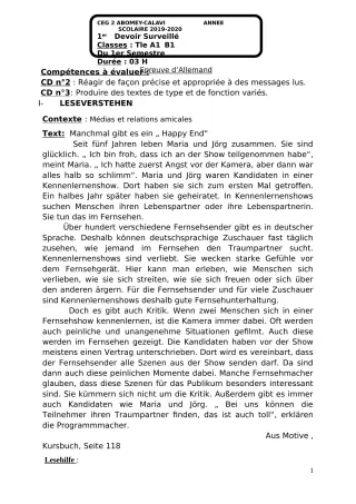 Première page de Allemand Tle A1, Tle A2, Tle B — 1er devoir surveillé, 1er semestre (2018-2019) · CEG2 ABOMEY - CALAVI (CEG ZOCA)