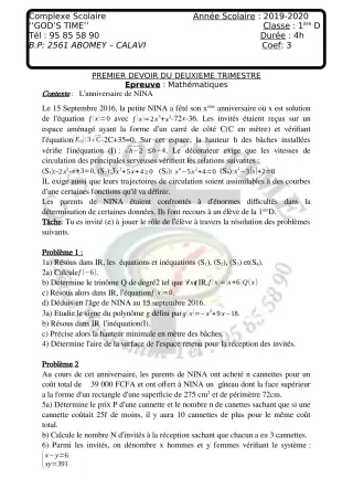 Première page de Mathématiques 1ère D — 1er devoir surveillé, 2e trimestre (2019-2020) · CPEG GOD'S TIME