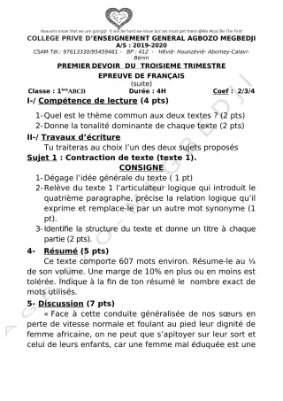 Première page de Français 6e, 5e, 4e, 4e ML, 3e, 3e ML, 2nde A, 2nde A1, 2nde A2, 2nde B, 2nde C, 2nde D, 1ère A, 1ère A1, 1ère A2, 1ère B, 1ère D, Tle A, Tle A1, Tle A2, Tle B, Tle C, Tle D — 1er devoir surveillé, 3e
