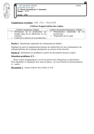 Première page de SVT 1ère C — 2e devoir surveillé, 1er semestre (2019-2020) · CEG 1 Akpakpa-Centre