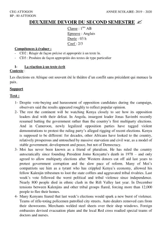 Première page de Anglais 1ère A & B, 1ère A1, 1ère A2, 1ère B — 2e devoir surveillé, 2e semestre (2019-2020) · CEG Attogon