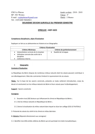 Première page de Histoire-Géographie 4e ML — 2e devoir surveillé, 1er semestre (2018-2019) · CEG Le Plateau