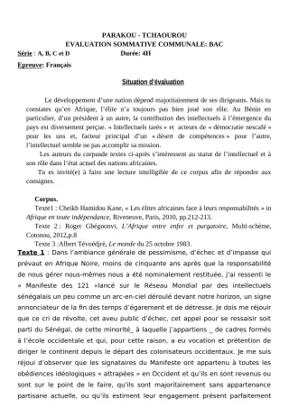 Première page de Français Tle A1, Tle A2, Tle B, Tle C, Tle D — Évaluation sommative (2018-2019) · CEG Hubert C. MAGA