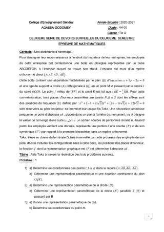 Première page de Mathématiques Tle D — 2e devoir surveillé, 2e semestre (2020-2021) · CEG Agassa Godomey