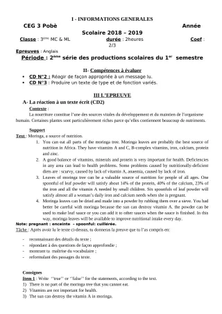 Première page de Anglais 3e, 3e ML — 2e production scolaire, 1er semestre (2018-2019) · CEG3 Pobè (Akouho)
