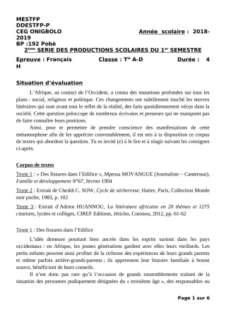 Première page de Français Tle A2, Tle D — 2e production scolaire, 1er semestre (2018-2019) · CEG ONIGBOLO