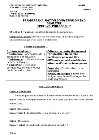 Première page de Philosophie 2nde A2, 2nde B — 1re évaluation sommative, 2e semestre (2018-2019) · CEG L'Entente