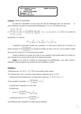 Première page de Mathématiques 2nde C — 1er devoir surveillé, 1er semestre (2022-2023) · CEG2 ABOMEY - CALAVI (CEG ZOCA)