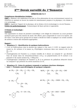 Première page de PCT 1ère C — 2e devoir surveillé (2019-2020) · CEG Yagbe