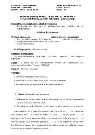 Première page de Histoire-Géographie 1ère C, 1ère D — 1er devoir surveillé, 2e semestre (2018-2019) · CEG L'Entente