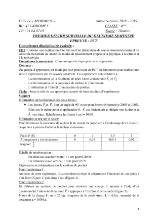 Première page de PCT 4e — 1er devoir surveillé, 2e semestre (2018-2019) · CEG Le Méridien