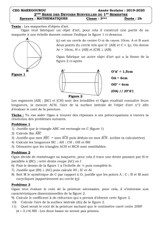Première page de Mathématiques 3e, 3e ML — 2e devoir surveillé, 1er semestre (2019-2020) · CEG MAREGOUROU