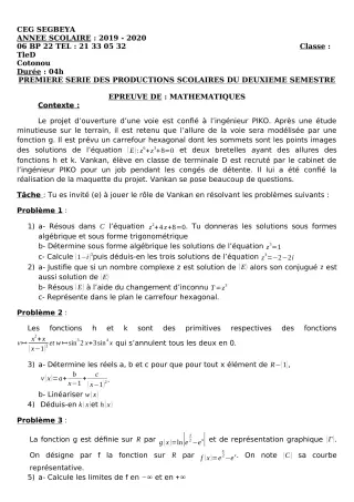 Première page de Mathématiques Tle D — 1re production scolaire, 2e semestre (2019-2020) · CEG SEGBEYA