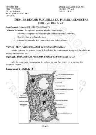 Première page de SVT 2nde A2, 2nde B — 1er devoir surveillé, 1er semestre (2020-2021) · CEG FIYEGNON