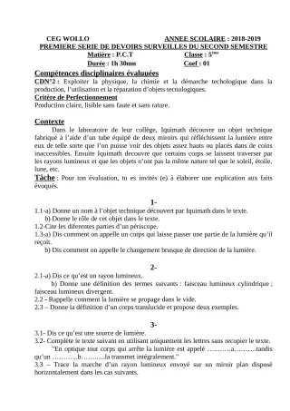 Première page de PCT 6e, 5e, 4e, 3e — 1er devoir surveillé, 2e semestre (2018-2019) · CEG WOLLO