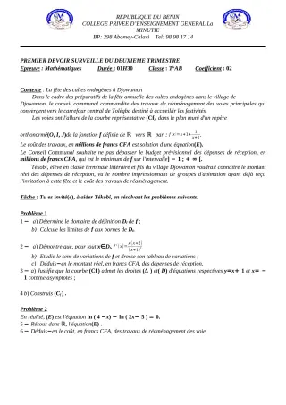 Première page de Mathématiques Tle A2 — 1er devoir surveillé, 2e trimestre (2021-2022) · CPEG La Minutie