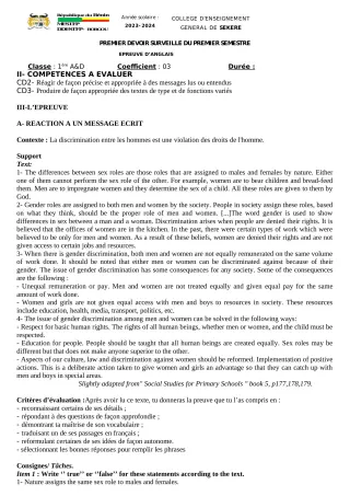 Première page de Anglais 1ère A2, 1ère D — 1er devoir surveillé, 1er semestre (2023-2024) · CEG SEKERE