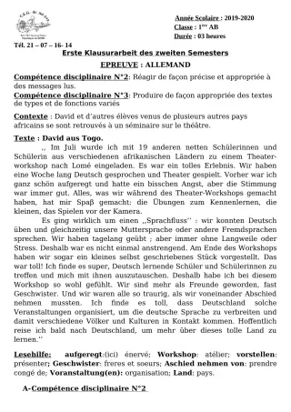 Première page de Devoir surveillé de ALLEMAND — 1ère A1, 1ère A2, 1ère B — CEG Sô-Ava (2019)