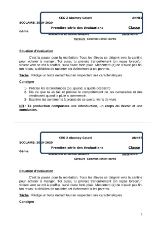 Première page de Français 6e — Devoir surveillé, 2e semestre (2019-2020) · CEG2 ABOMEY - CALAVI (CEG ZOCA)