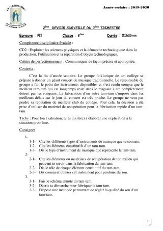 Première page de PCT 6e — 2e devoir surveillé, 3e trimestre (2019-2020) · CPEG ROSAIRE