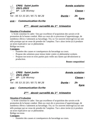 Première page de Français 4e, 1ère A2, 1ère B, 1ère C, 1ère D — Devoir surveillé, 1er trimestre (2021-2022) · CPEG SAINT Justin