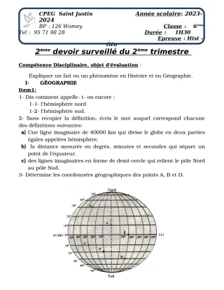 Première page de Histoire-Géographie 6e, 2nde A2, 2nde B, 2nde C, 2nde D — 2e devoir surveillé, 2e trimestre (2023-2024) · CPEG SAINT Justin