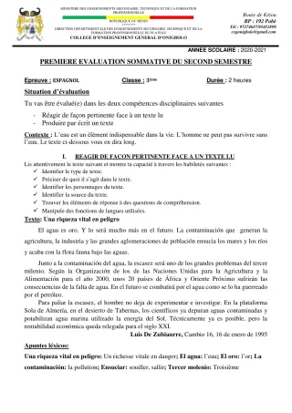 Première page de Espagnol 3e ML — 1re évaluation sommative, 2e semestre (2020-2021) · CEG ONIGBOLO