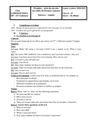 Première page de Anglais 6e — 1er devoir surveillé, 1er semestre (2020-2021) · CEG Lobozounkpa
