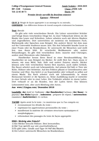 Première page de Allemand 2nde A2, 2nde B — 1er devoir surveillé, 2e semestre (2018-2019) · CEG L'Entente