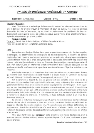 Première page de Français 1ère A2, 1ère D — 1re production scolaire, 1er semestre (2022-2023) · CEG GOHO