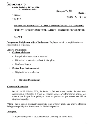Première page de Histoire-Géographie Tle A1, Tle A2, Tle B — 1re évaluation sommative, 2e semestre (2019-2020) · CEG Akassato
