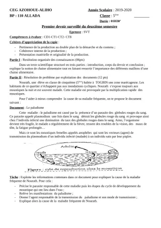 Première page de SVT 5e — 1er devoir surveillé, 2e semestre (2019-2020) · CEG AZOHOUE-ALIHO