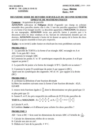 Première page de Mathématiques 6e — 2e devoir surveillé, 2e semestre (2019-2020) · CEG SEGBEYA