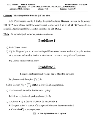 Première page de Mathématiques Tle A1 — 1re évaluation sommative, 2e semestre (2018-2019) · CEG Hubert C. MAGA