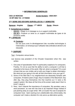 Première page de Anglais 1ère A1, 1ère A2, 1ère B, 1ère C, 1ère D — 2e devoir surveillé, 1er semestre (2020-2021) · CEG LE NOKOUE