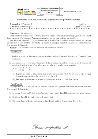 Première page de Mathématiques 1ère A1 — 2e évaluation sommative, 1er semestre (2017-2018) · CEG C.P de Dompago