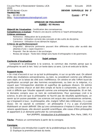 Première page de Philosophie 2nde C, 2nde D — Devoir surveillé, 1er trimestre (2019-2020) · CPEG LICA