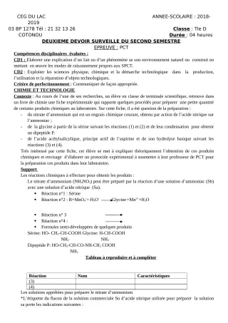 Première page de PCT Tle D — 2e devoir surveillé, 2e semestre (2018-2019) · CEG du Lac