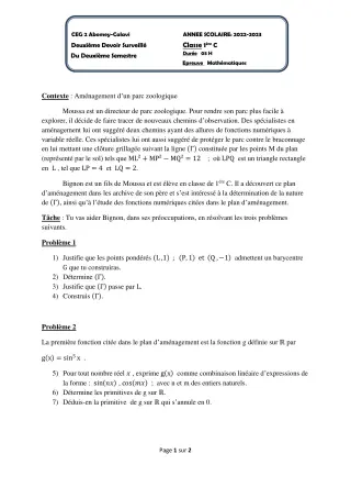 Première page de Mathématiques 1ère C — 2e devoir surveillé, 2e semestre (2022-2023) · CEG2 ABOMEY - CALAVI (CEG ZOCA)