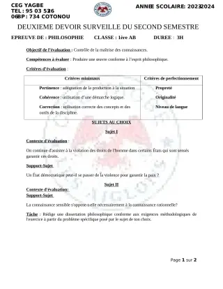 Première page de Philosophie 1ère A2 — 2e devoir surveillé, 2e semestre (2023-2024) · CEG Yagbe