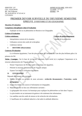 Première page de Histoire-Géographie 2nde C, 2nde D — 1er devoir surveillé, 2e semestre (2020-2021) · CEG FIYEGNON