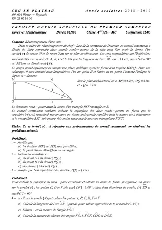 Première page de Mathématiques 4e ML — 1er devoir surveillé, 1er semestre (2018-2019) · CEG Le Plateau