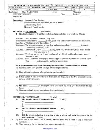 Première page de Devoir anglais 3ème sequence 5 CP mongo beti 2023-2024