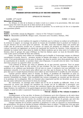 Première page de Français 2nde A2, 2nde D — 1er devoir surveillé, 2e semestre (2021-2022) · CEG SEKERE