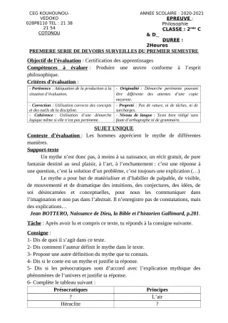 Première page de Philosophie 2nde C, 2nde D — 1er devoir surveillé, 1er semestre (2020-2021) · CEG Kouhounou-Vêdoko