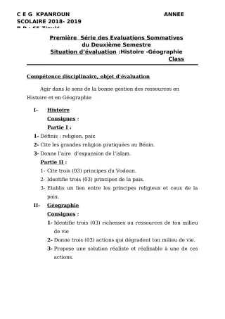 Première page de Histoire-Géographie 6e — 1re évaluation sommative, 2e semestre (2018-2019) · CEG Kpanroun
