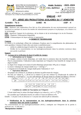 Première page de PCT Tle D — 2e production scolaire, 1er semestre (2023-2024) · CEG1 Ikpinlè