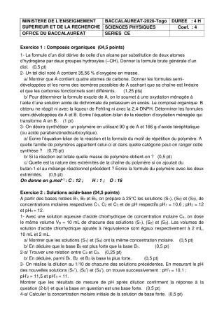 Première page de Épreuve BAC ce 2020 sciences physiques Togo