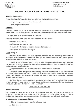 Première page de Espagnol 3e ML — 1er devoir surveillé, 2e semestre (2019-2020) · CEG du Lac