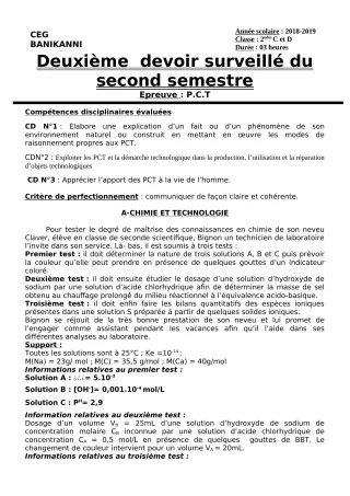 Première page de PCT 6e, 5e, 4e, 3e, 2nde C, 2nde D — 2e devoir surveillé, 2e semestre (2018-2019) · CEG Banikanni